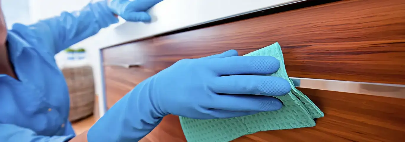 Cleaner wearing blue gloves wiping a wooden cabinet drawer with a microfiber cloth for dust and grime removal, Hollywood, FL.