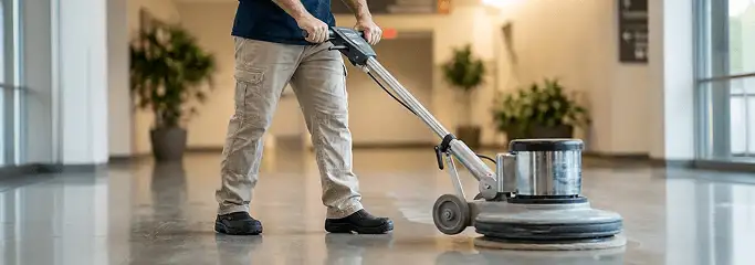 Professional technician using an industrial floor buffer to polish and maintain shiny commercial flooring in a corporate hallway in Hollywood, FL.