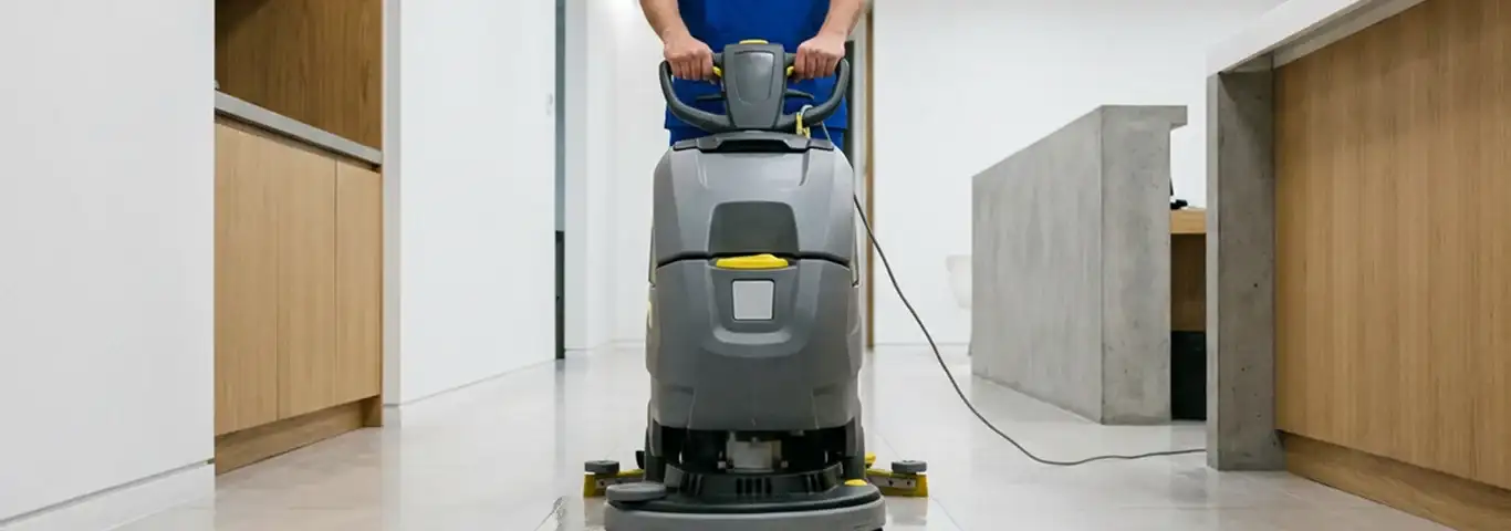 Janitorial staff using a floor scrubber machine to clean a commercial hallway, Hollywood, FL.
