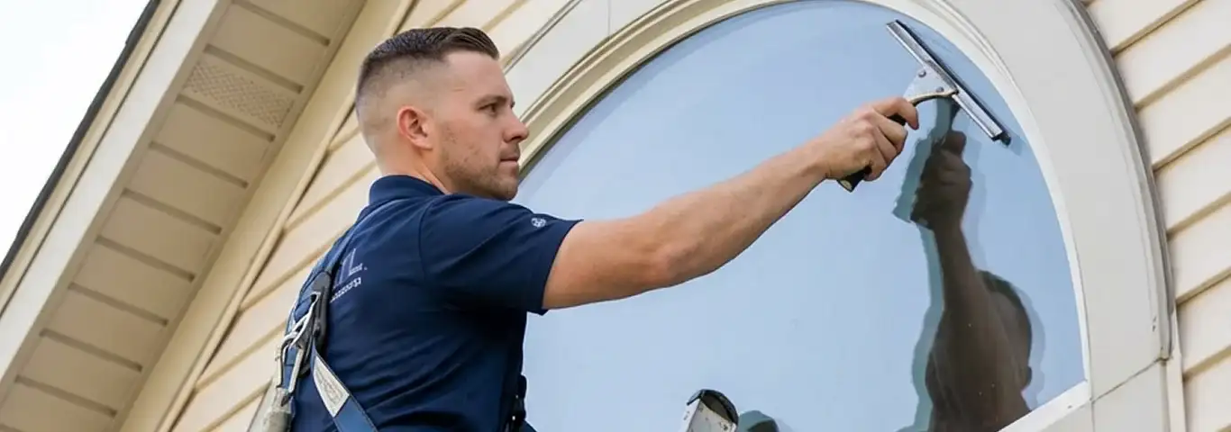 Professional window cleaner using a squeegee to clean an exterior arched window on a home, Hollywood, FL.