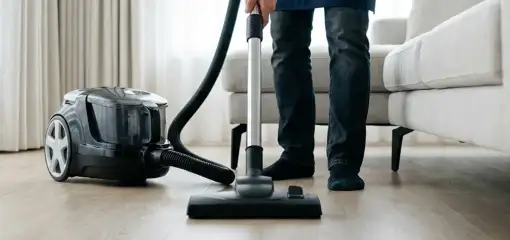 Professional house cleaner vacuuming a living room floor with a canister vacuum cleaner, Hollywood, FL.