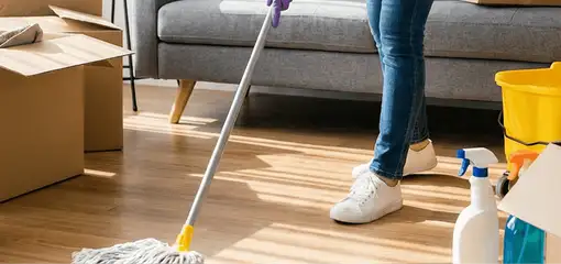 Move-out cleaning setup with a cleaner mopping hardwood floors near moving boxes and cleaning supplies, Hollywood, FL.