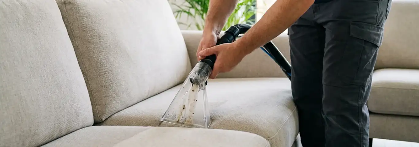 Technician extracting dirt and moisture from a fabric sofa with an upholstery cleaning wand, Hollywood, FL.