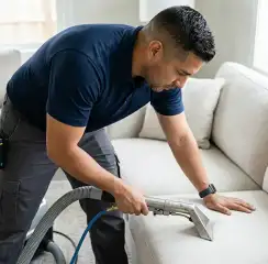 Professional upholstery cleaning technician using an extraction wand to deep-clean a fabric sofa, Hollywood, FL.