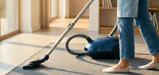 Person vacuuming a living room rug with a canister vacuum cleaner near large windows, Hollywood, FL.